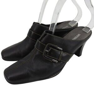 Merona Womens 8 Black Leather Buckle Accent Slip On Heel Mules Stitching Y2K VTG